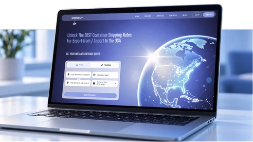 ShipNBuy home page on a laptop, with the container shipping quote form