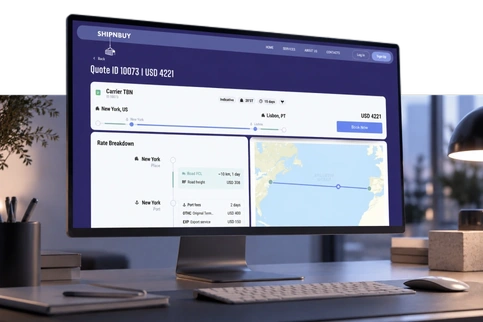 ShipNBuy quote screen with carrier details, route map and rate breakdown